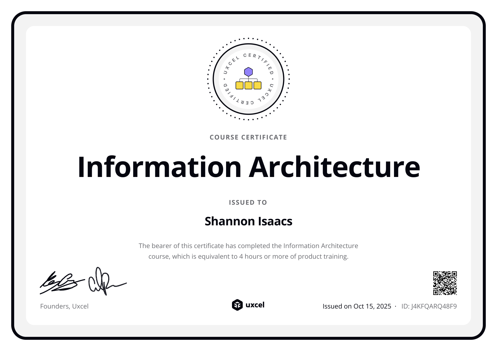 Shannon Isaacs's certificate